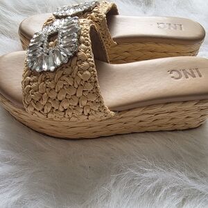 INC International Concepts Women's Tan Wedge Sandals with Silver Accents